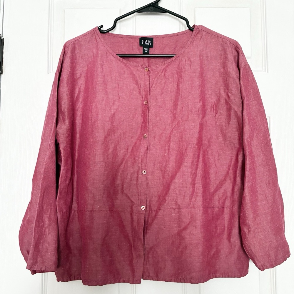 Eileen Fisher Linen Silk Button Front Long Sleeve Pink Blouse Top Medium